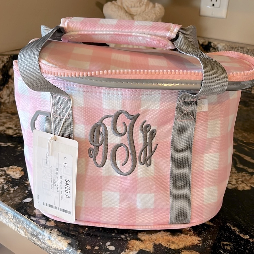 Personalized Small Cooler Lunch Bag Pink Checked DHT Monogram